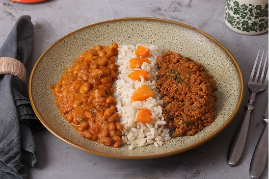 Patinho Moído [150g] + Feijão Temperado [100g] + Arroz Integral [80g] + Abóbora e Vagem [100g]